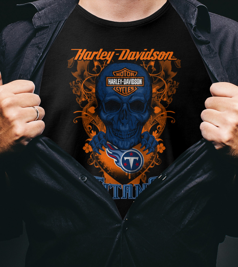 Harley Davidson Motor Cycles Skull With Tennessee Titans T-Shirt