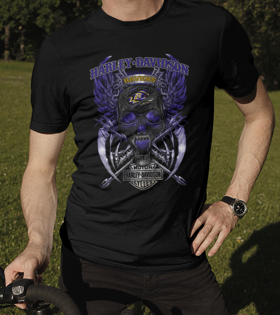 Harley Davidson Motor Cycles Ravens Baltimore L B Logo Skull And Wings T-Shirt