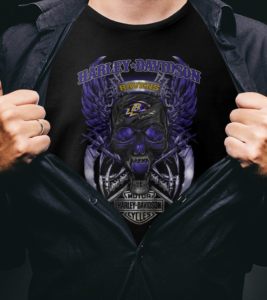 Harley Davidson Motor Cycles Ravens Baltimore L B Logo Skull And Wings T-Shirt