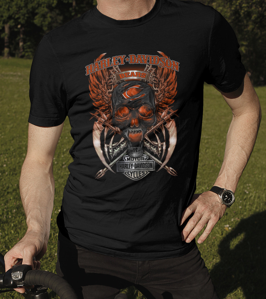 Harley Davidson Bears Skull Wings Graphic Chicago Bears T-Shirt