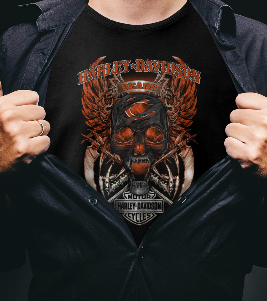 Harley Davidson Bears Skull Wings Graphic Chicago Bears T-Shirt
