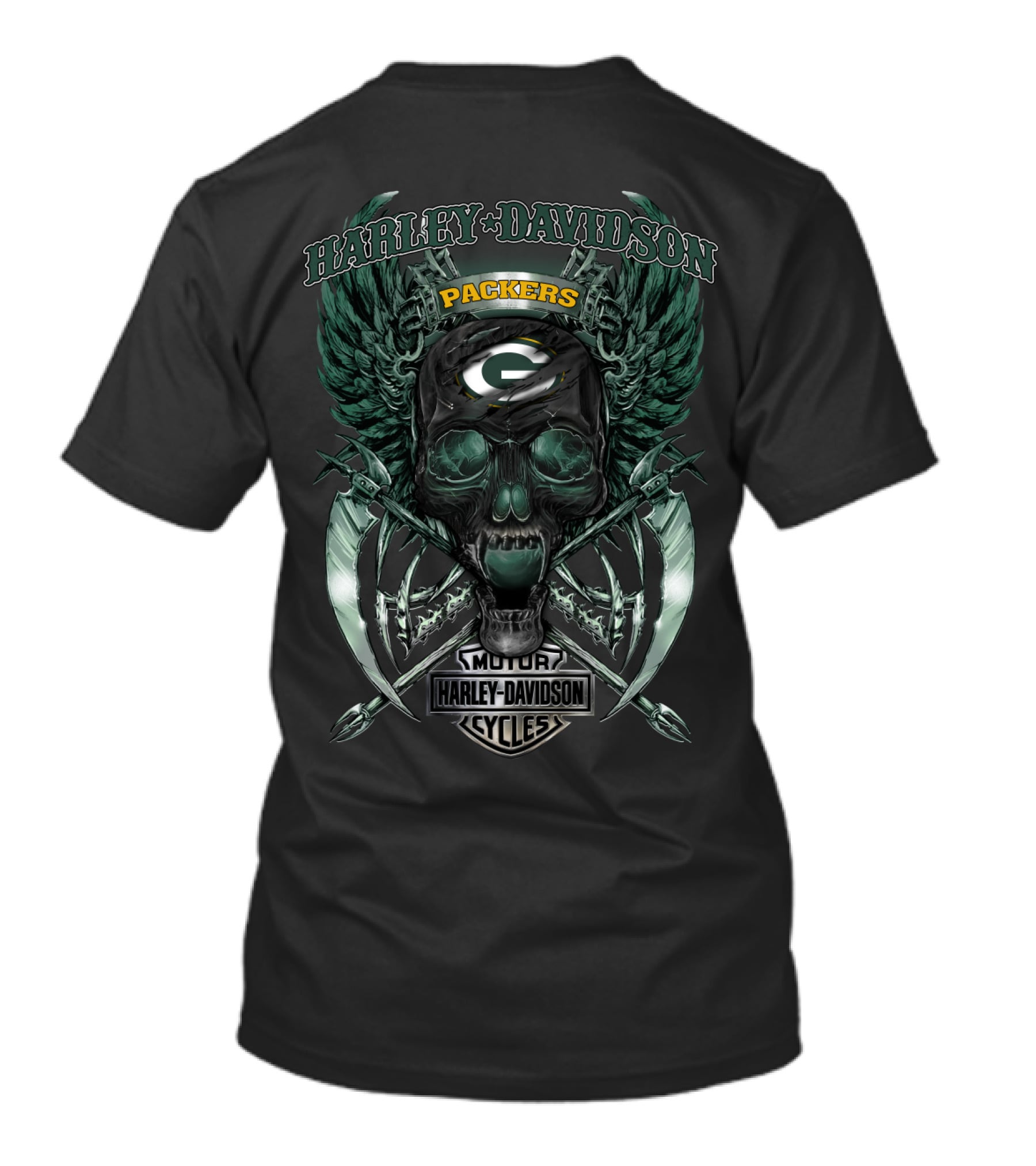 Harley Davidson Packers Green Bay Motor Cycles Skulls Wings T-Shirt