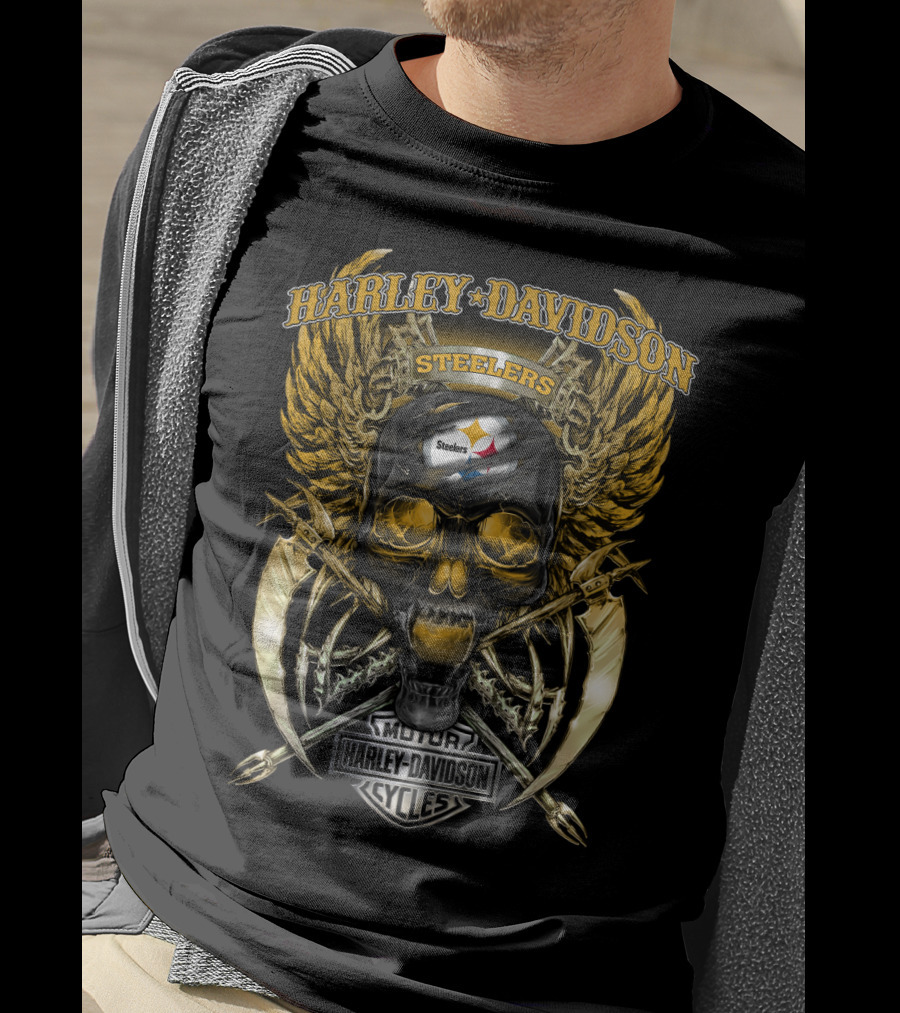 Harley Davidson Steelers Skull With Wings And Swords T-Shirt