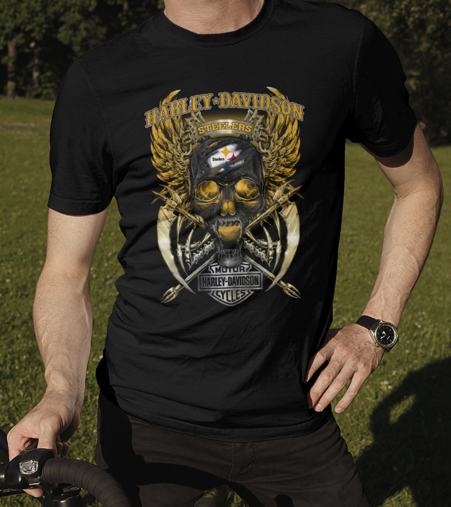 Harley Davidson Steelers Skull With Wings And Swords T-Shirt