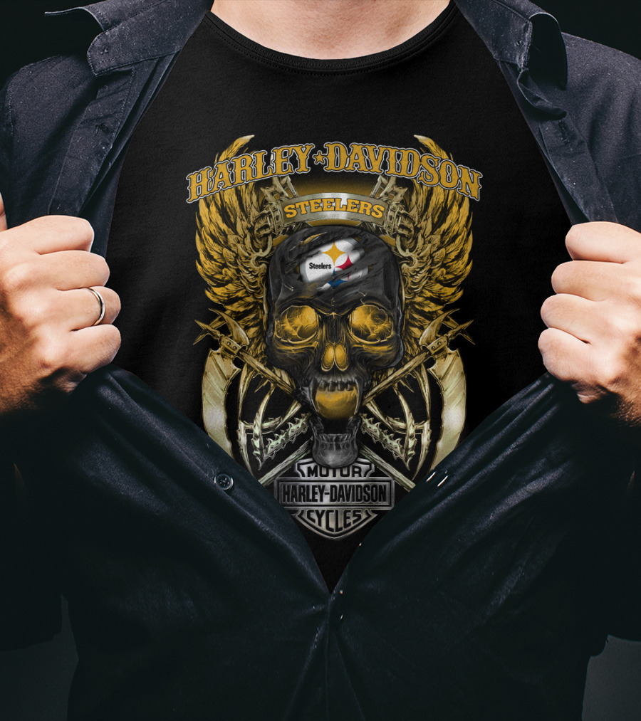 Harley Davidson Steelers Skull With Wings And Swords T-Shirt