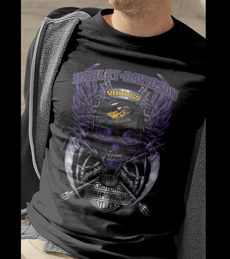 Harley Davidson Vikings Motor Cycles Minnesota Skull Wings T-Shirt