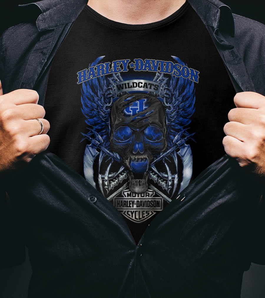 Harley Davidson Wildcats Kentucky Motor Cycles Skull Wings T-Shirt