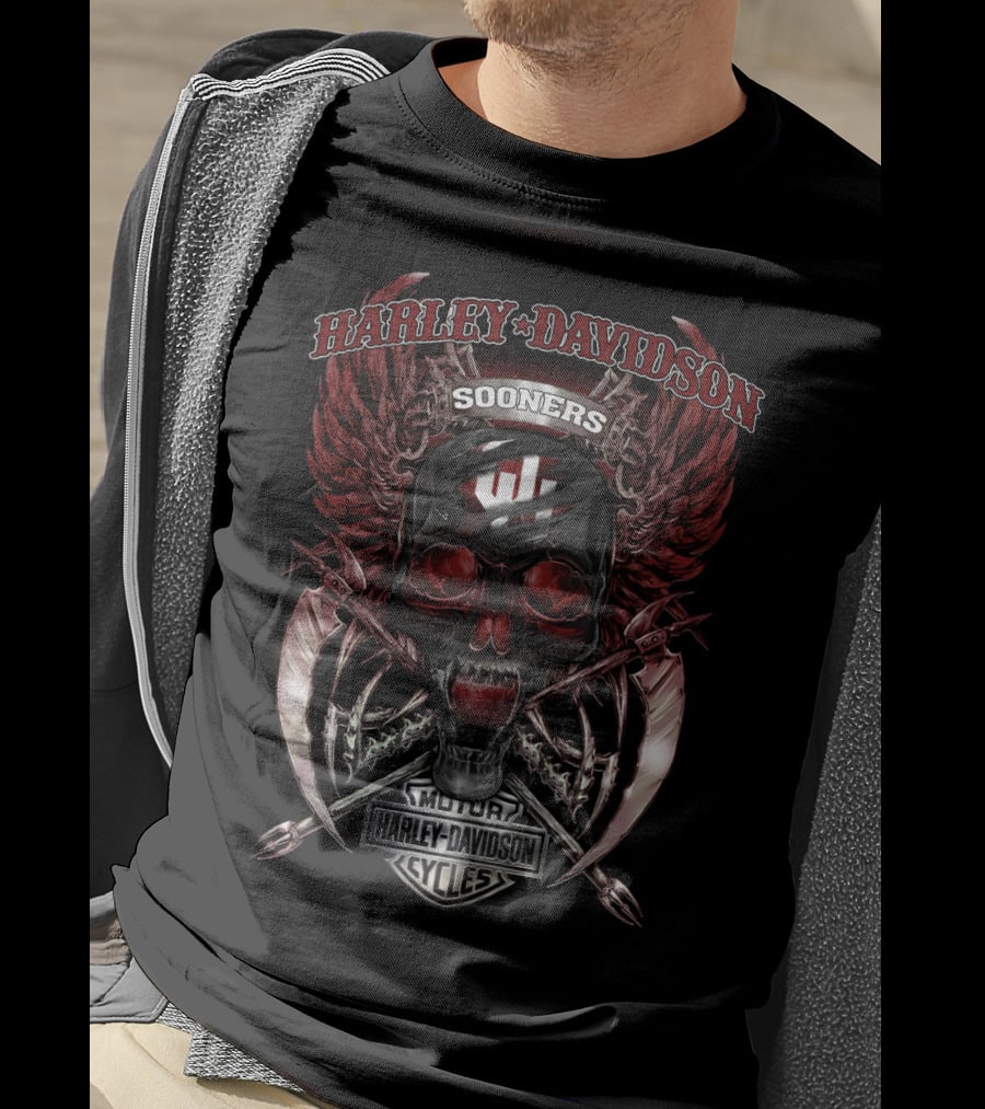 Harley Davidson Sooners Motor Cycles Skull Wings T-Shirt