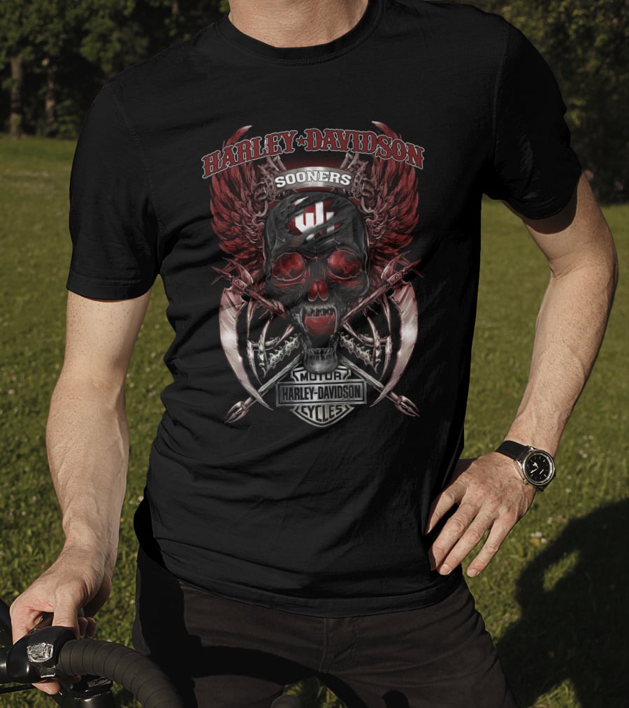 Harley Davidson Sooners Motor Cycles Skull Wings T-Shirt