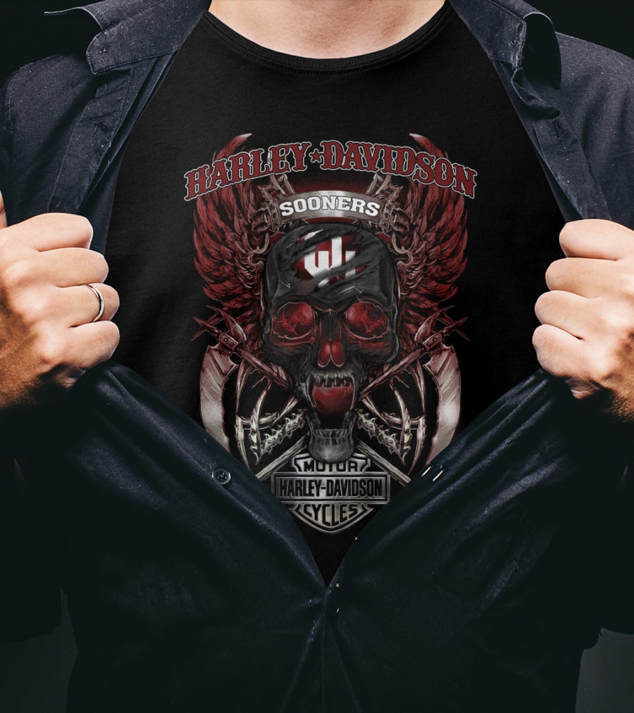 Harley Davidson Sooners Motor Cycles Skull Wings T-Shirt