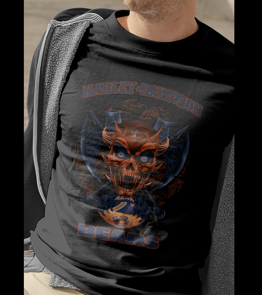 Harley Davidson Chicago Bears Scary Skull Motor Cycles T-Shirt