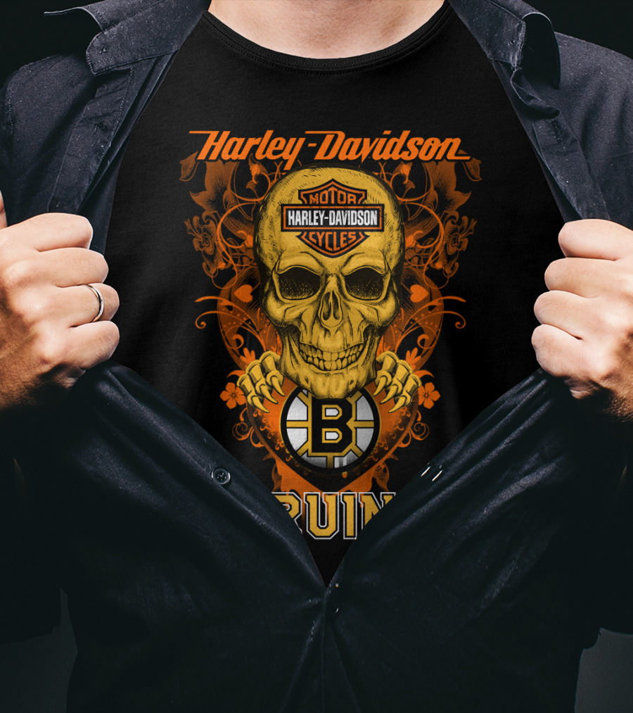 Harley Davidson Motor Cycles Skull Boston Bruins Nhl T-Shirt