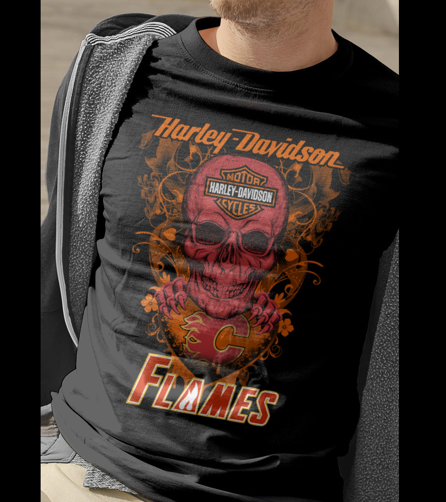 Harley Davidson Calgary Flames Nhl Skull Flames T-Shirt