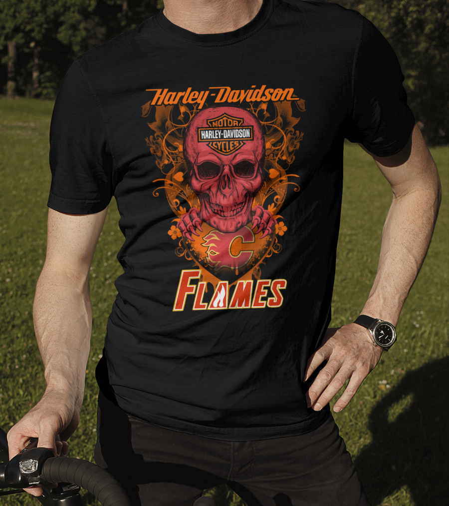 Harley Davidson Calgary Flames Nhl Skull Flames T-Shirt