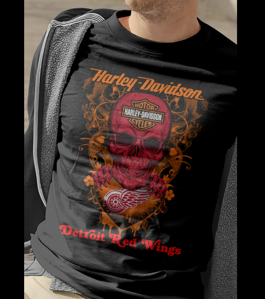 Harley Davidson Motor Cycles Skull Detroit Red Wings T-Shirt