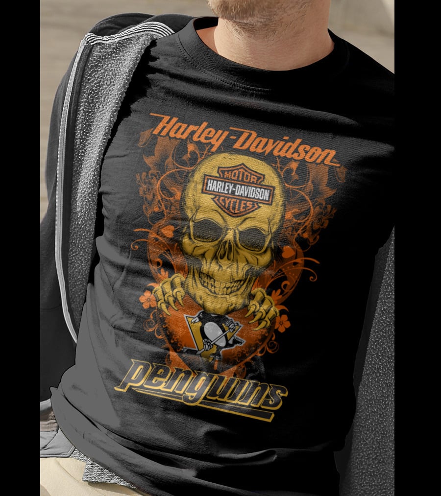 Harley Davidson Motor Cycles Skull Penguins Nhl Pittsburgh T-Shirt