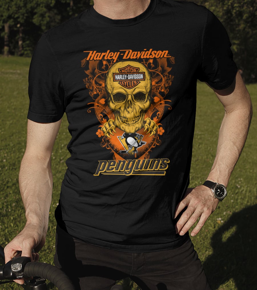 Harley Davidson Motor Cycles Skull Penguins Nhl Pittsburgh T-Shirt