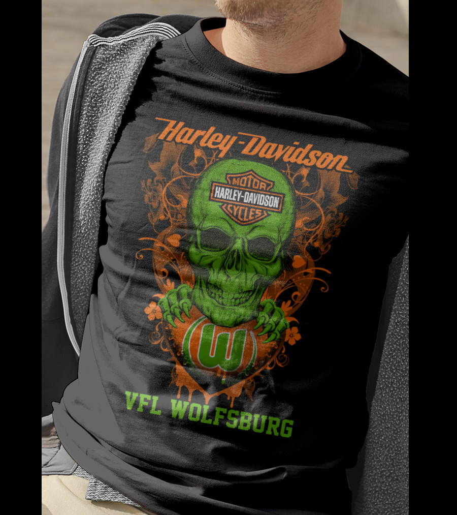 Harley Davidson Motorcycle Vfl Wolfsburg Green Skull T-Shirt