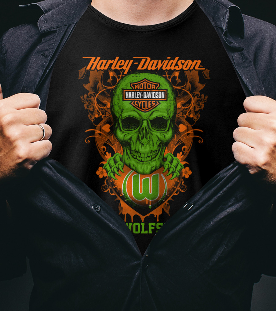 Harley Davidson Motorcycle Vfl Wolfsburg Green Skull T-Shirt