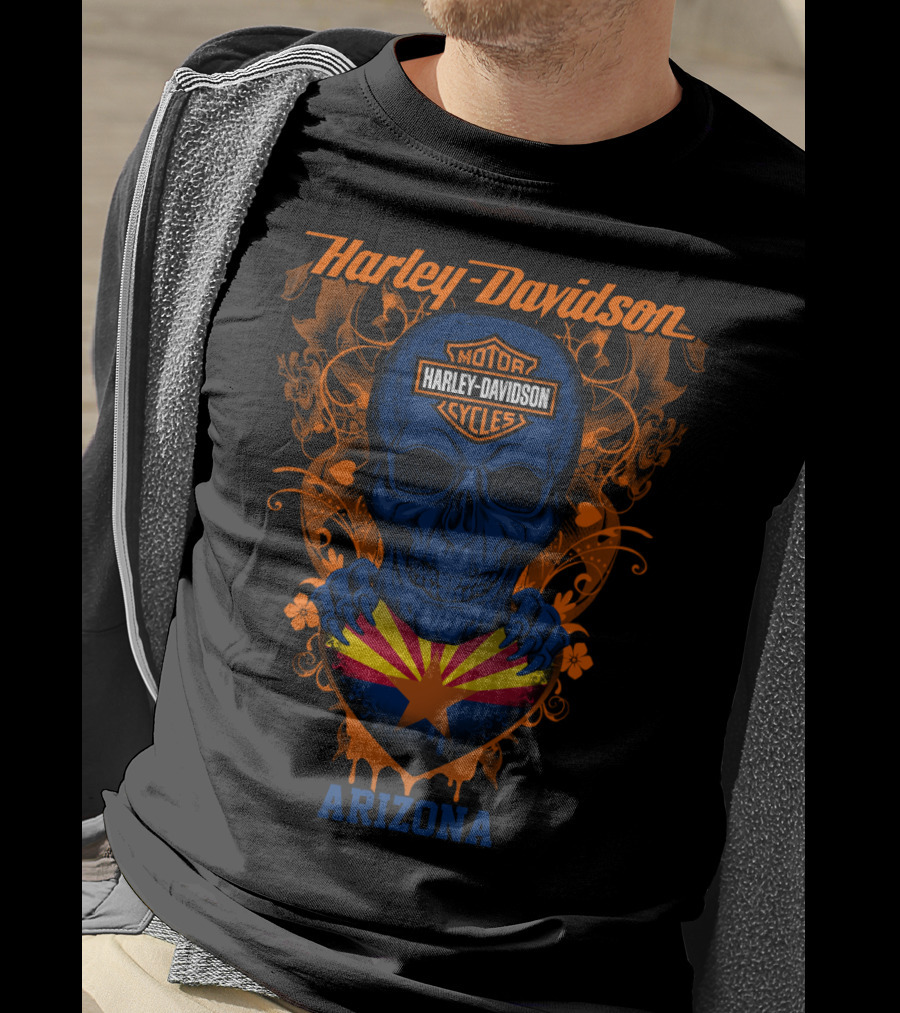 Harley Davidson Arizona Skull With State Flag T-Shirt