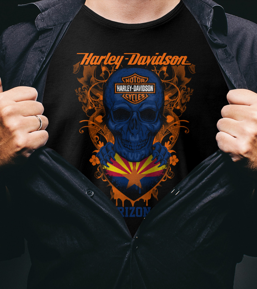 Harley Davidson Arizona Skull With State Flag T-Shirt