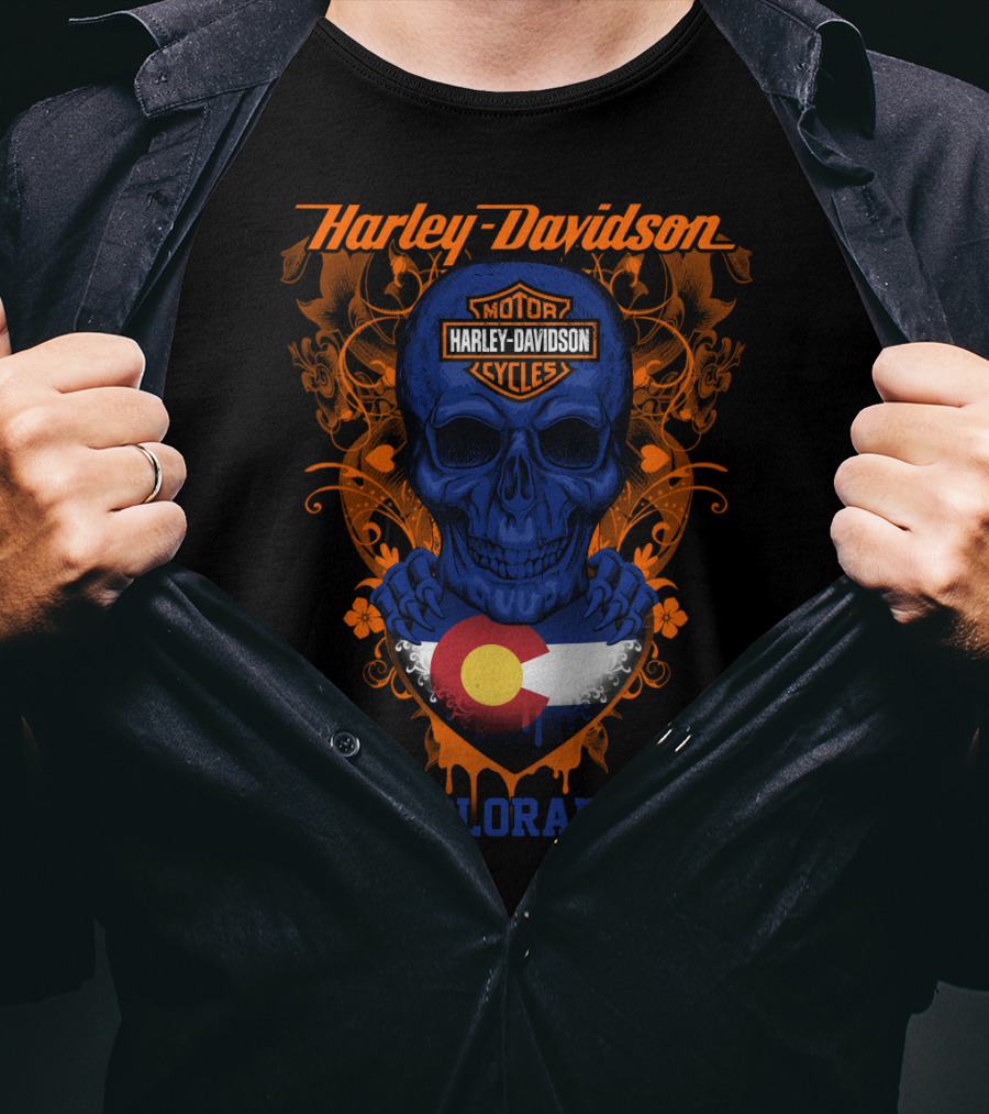 Harley Davidson Motorcycles Blue Skull Colorado Flag T-Shirt