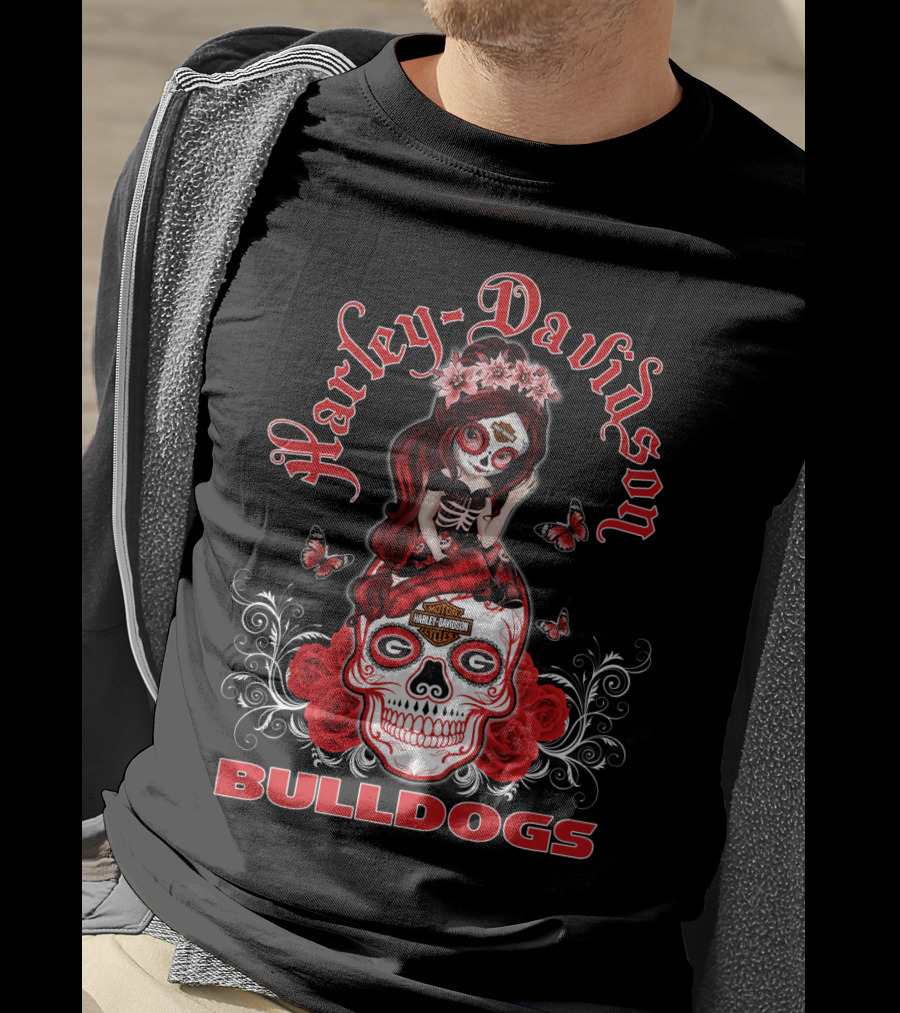Harley Davidson Georgia Bulldogs Roses Skull T-Shirt