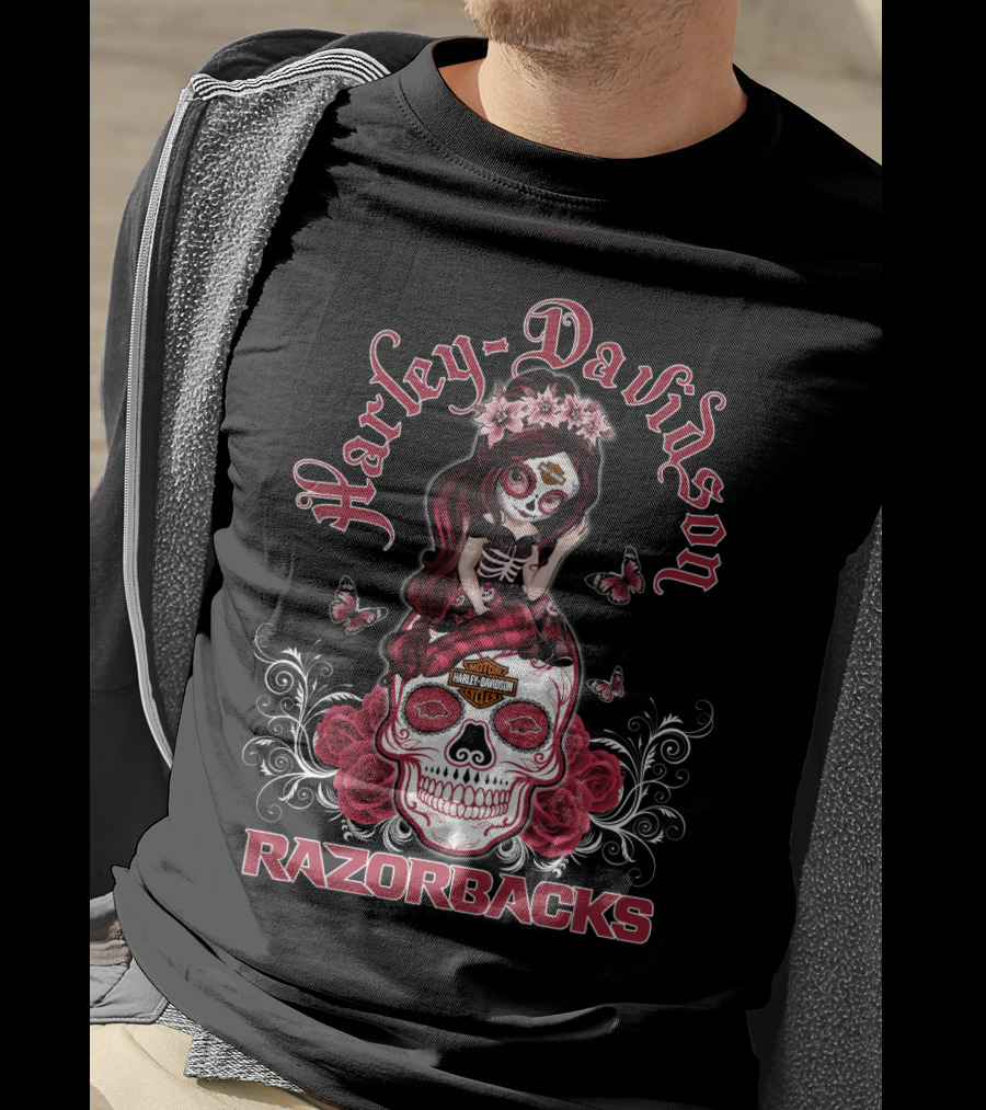 Harley Davidson Razorbacks Arkansas Girl Skull Roses Butterflies T-Shirt