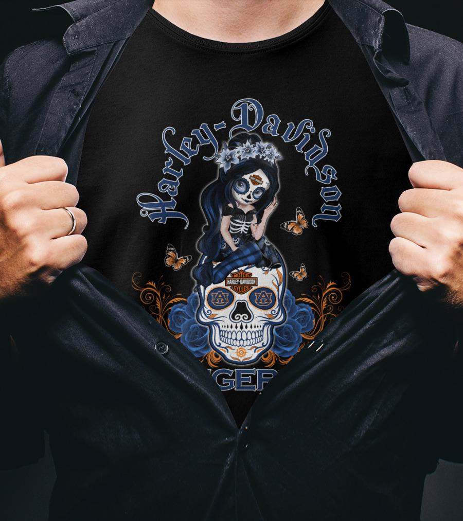 Harley Davidson Auburn Tigers Skull With Butterfly And Floral Accents T-Shirt