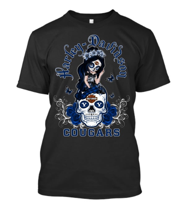 Harley Davidson Byu Cougars Skull Art With Blue Roses And Butterflies T-Shirt