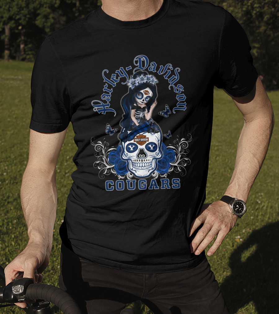 Harley Davidson Byu Cougars Skull Art With Blue Roses And Butterflies T-Shirt