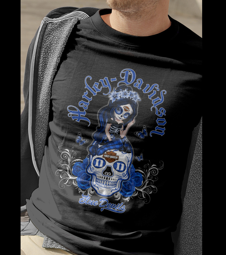 Harley Davidson Blue Devils Skull Art With Butterflies And Roses T-Shirt