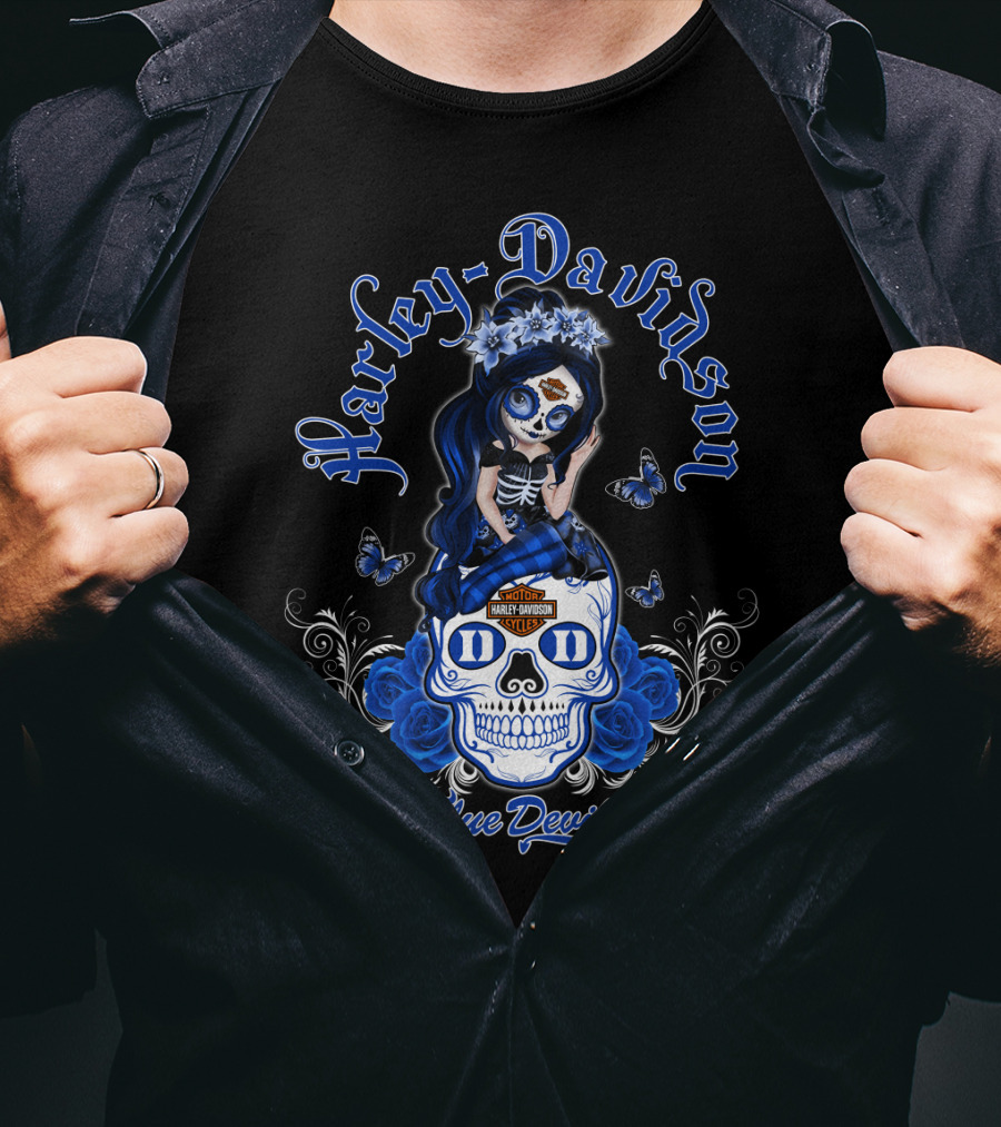 Harley Davidson Blue Devils Skull Art With Butterflies And Roses T-Shirt