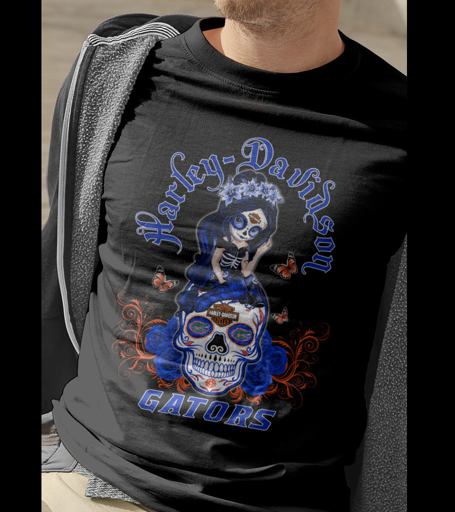 Harley Davidson Florida Gators Skull With Blue Roses And Butterflies T-Shirt