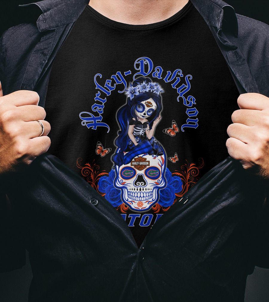 Harley Davidson Florida Gators Skull With Blue Roses And Butterflies T-Shirt