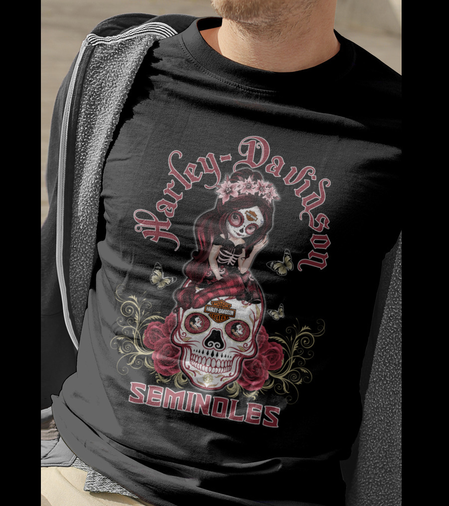 Harley Davidson Seminoles Skull Girl With Roses And Butterflies T-Shirt