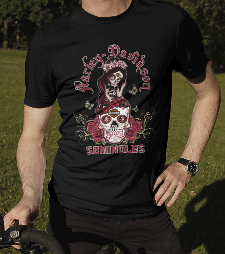 Harley Davidson Seminoles Skull Girl With Roses And Butterflies T-Shirt