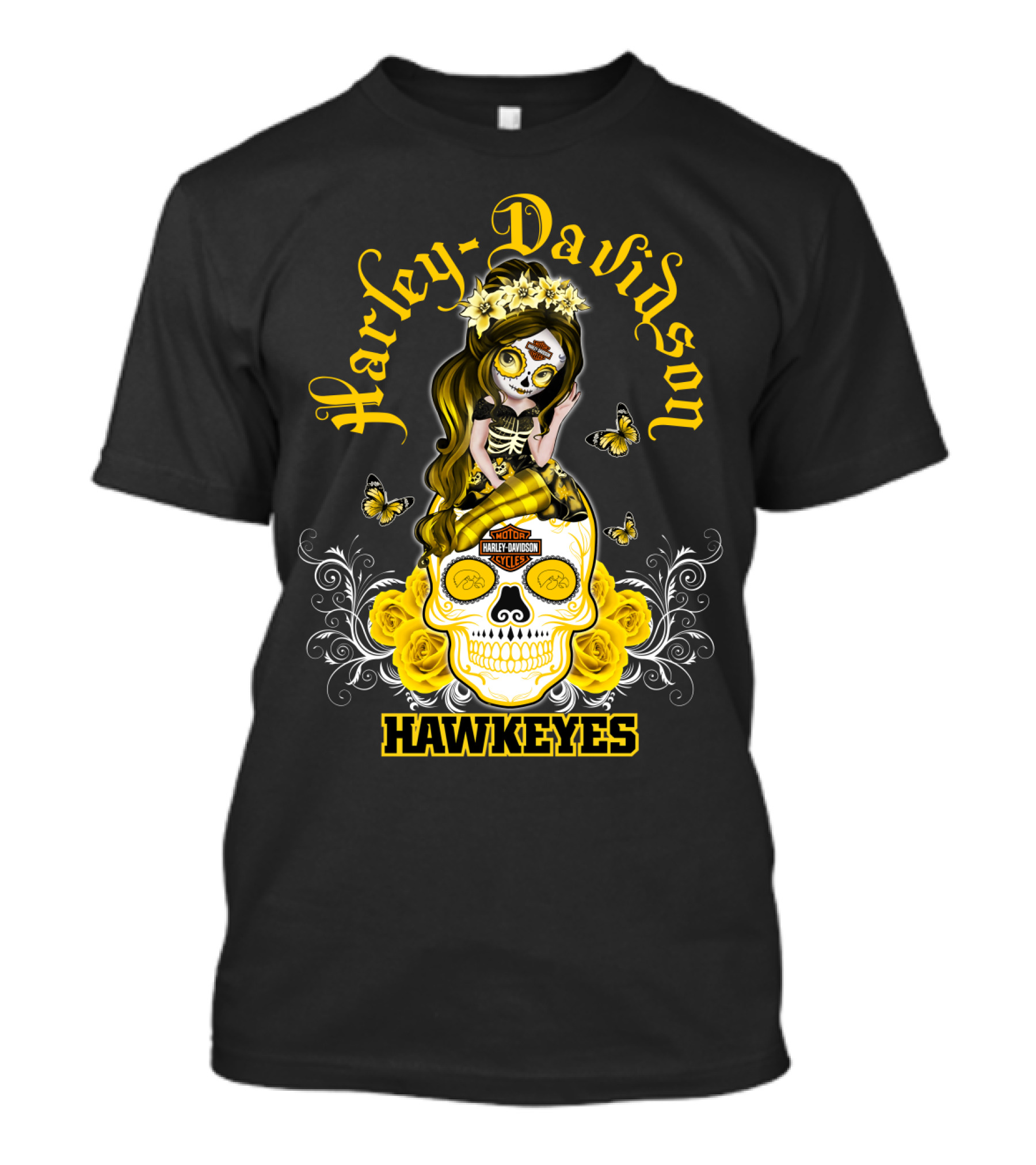 Harley Davidson Iowa Hawkeyes Day Of The Dead Girl With Skull And Butterflies T-Shirt