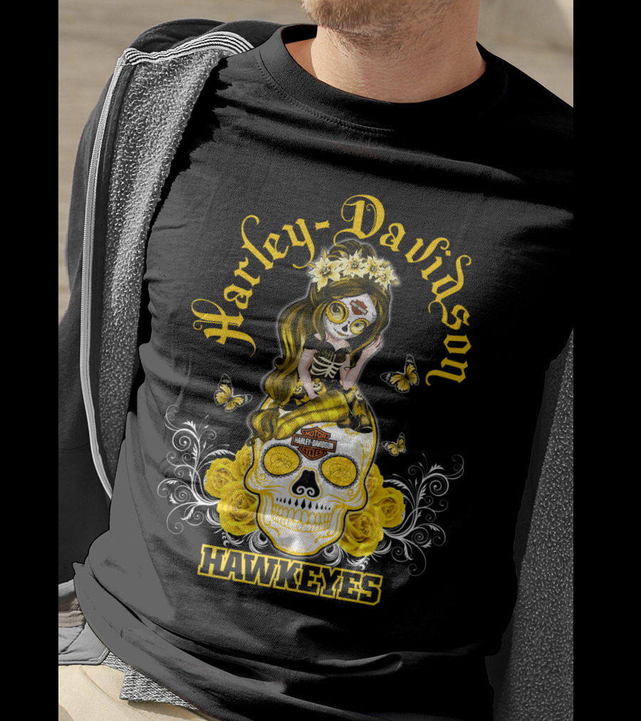 Harley Davidson Iowa Hawkeyes Day Of The Dead Girl With Skull And Butterflies T-Shirt