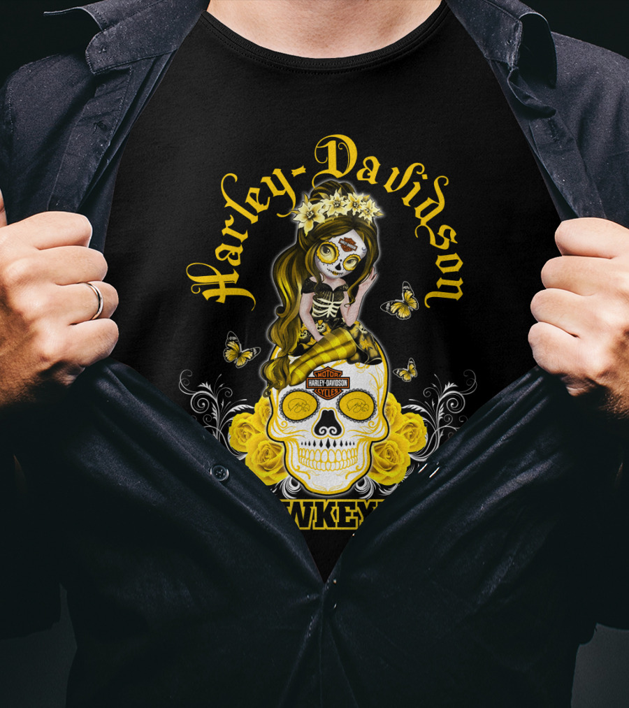 Harley Davidson Iowa Hawkeyes Day Of The Dead Girl With Skull And Butterflies T-Shirt