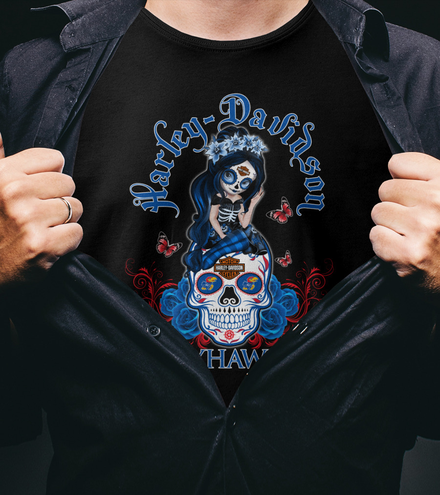Harley Davidson Jayhawks Motorcycle Style With Day Of The Dead Skull And Butterflies T-Shirt