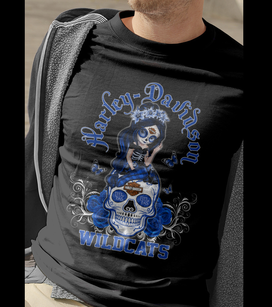 Harley Davidson Kentucky Wildcats Skull Girl With Blue Roses And Butterflies T-Shirt