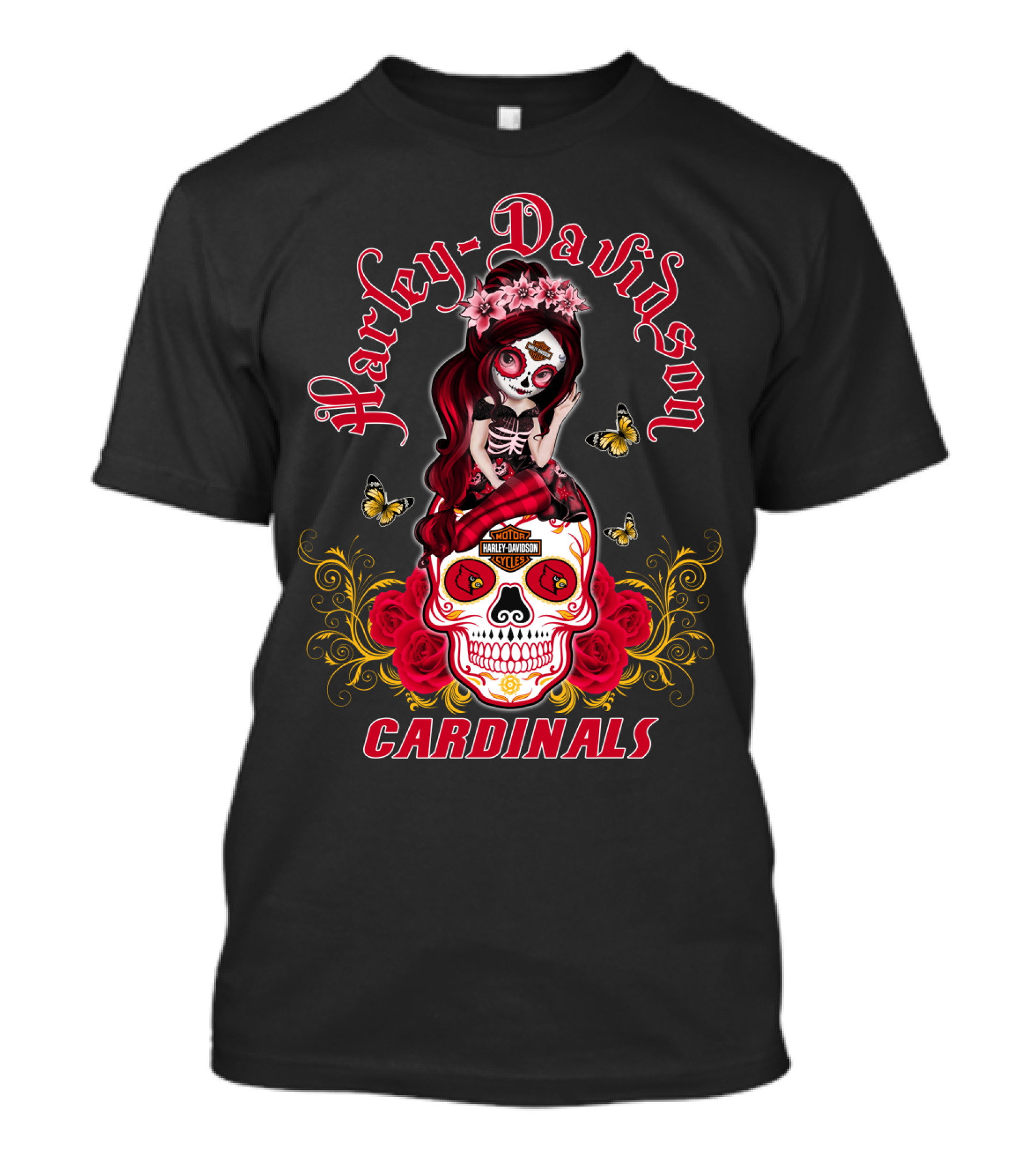 Harley Davidson Girl Louisville Cardinals Skull Rose Butterflies T-Shirt
