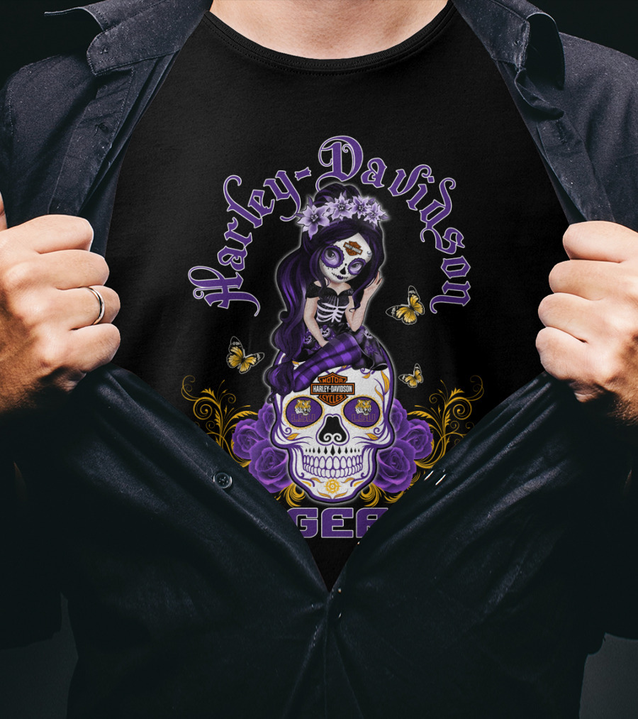 Harley Davidson Lsu Tigers Skull With Purple Flowers And Butterflies T-Shirt