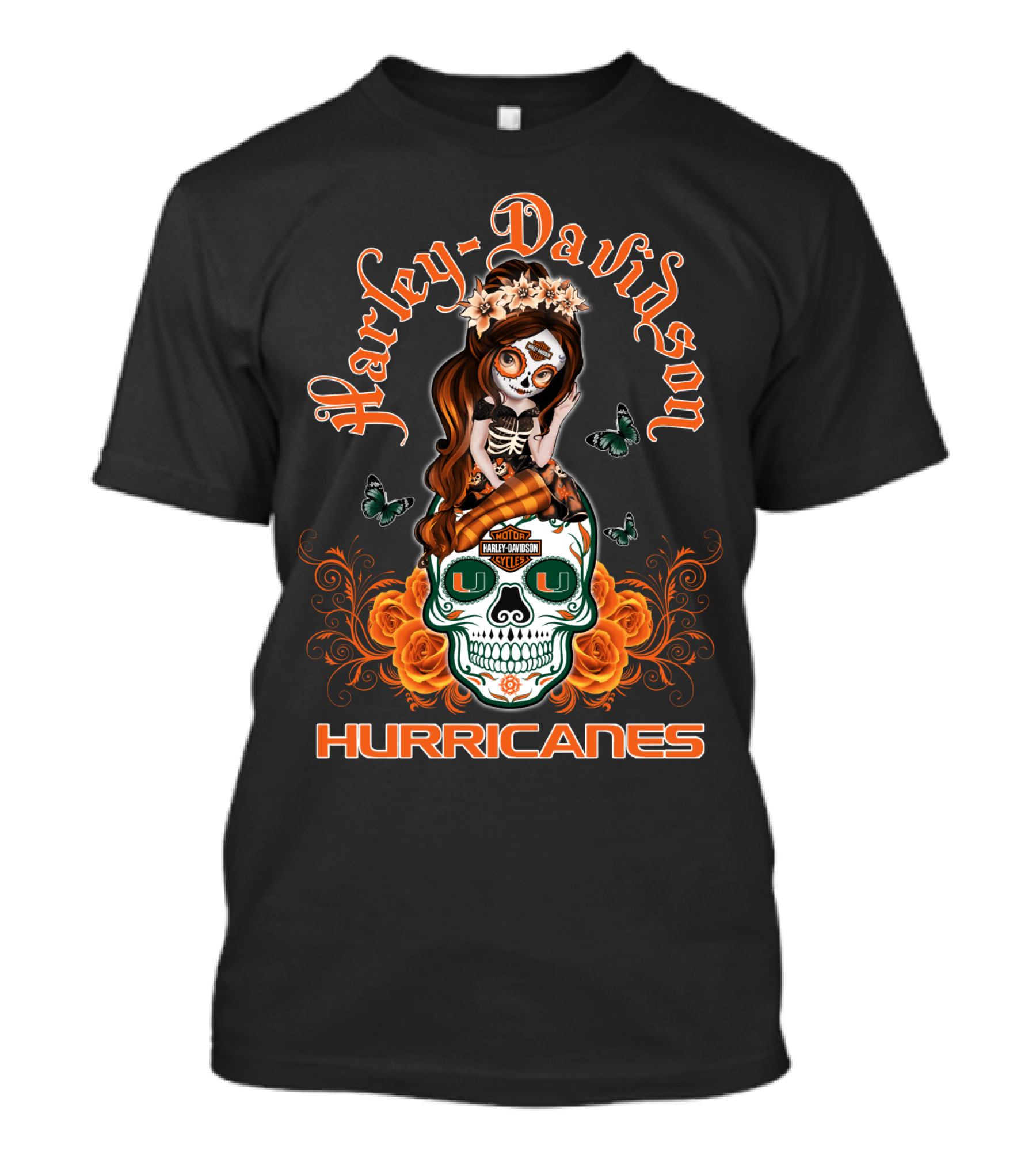 Harley Davidson Miami Hurricanes Butterfly Skull Roses T-Shirt