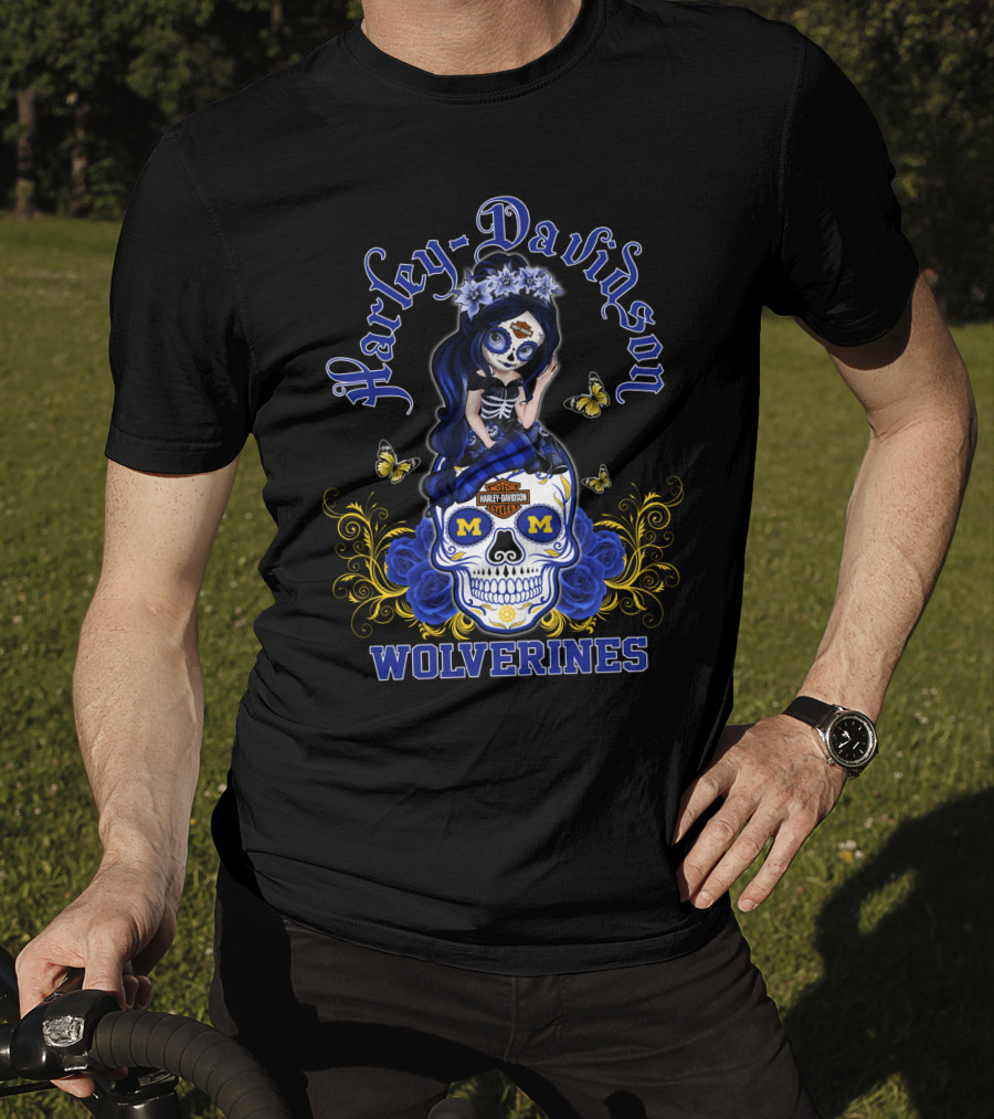 Harley Davidson Michigan Wolverines Skull Girl With Butterflies And Blue Roses T-Shirt
