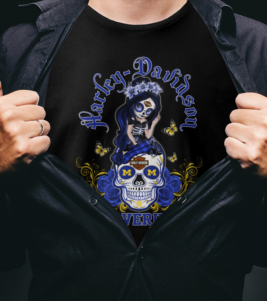 Harley Davidson Michigan Wolverines Skull Girl With Butterflies And Blue Roses T-Shirt