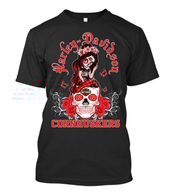 Harley Davidson Nebraska Cornhuskers Skull Roses Girl T-Shirt