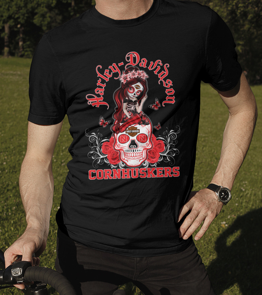 Harley Davidson Nebraska Cornhuskers Skull Roses Girl T-Shirt