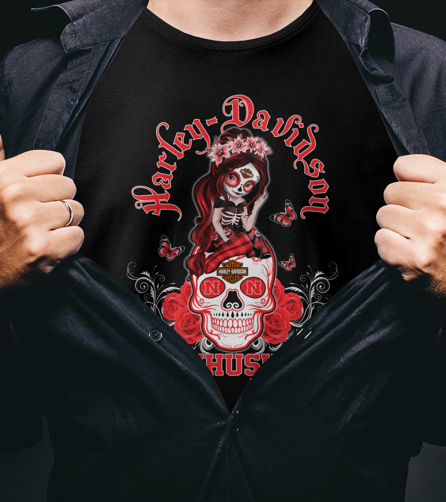 Harley Davidson Nebraska Cornhuskers Skull Roses Girl T-Shirt